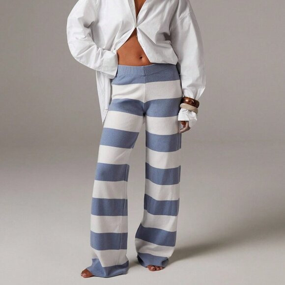 Pants - Multicolor Casual Women's Colorblock Striped Wide Leg Knit Pants